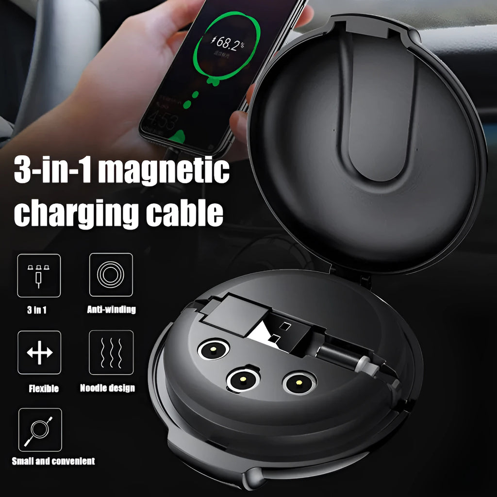 Black magnetic 3-in-1 retractable charging cable with car holder bracket for smartphones