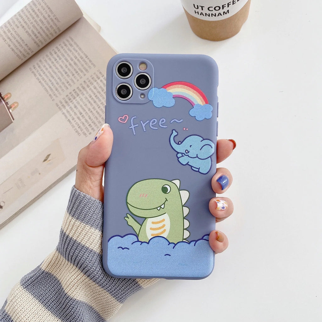 Blue cartoon dinosaur design TPU iPhone case showing frosted finish and precise cutouts