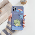 Blue cartoon dinosaur design TPU iPhone case showing frosted finish and precise cutouts