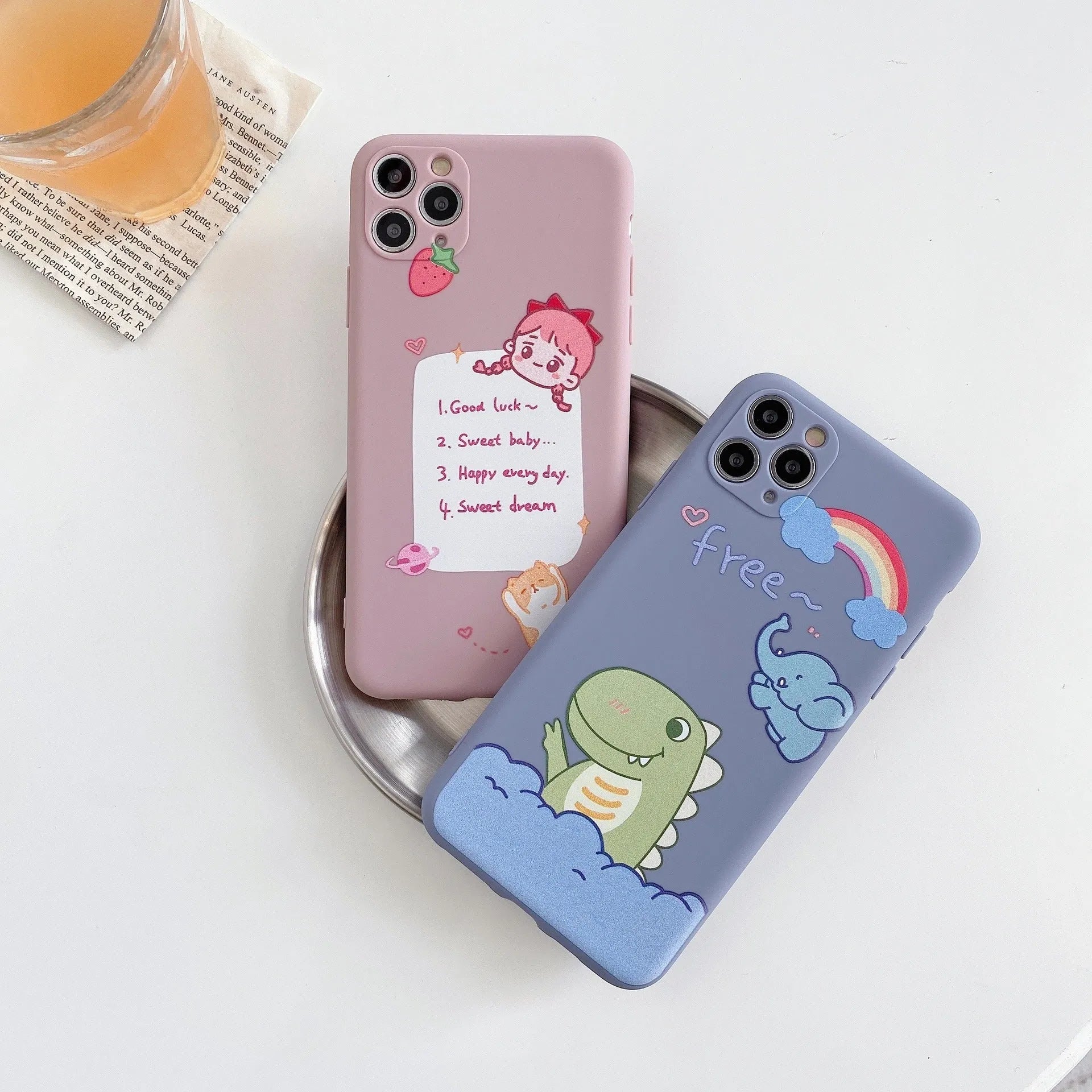 Blue cartoon dinosaur design TPU iPhone case showing frosted finish and precise cutouts