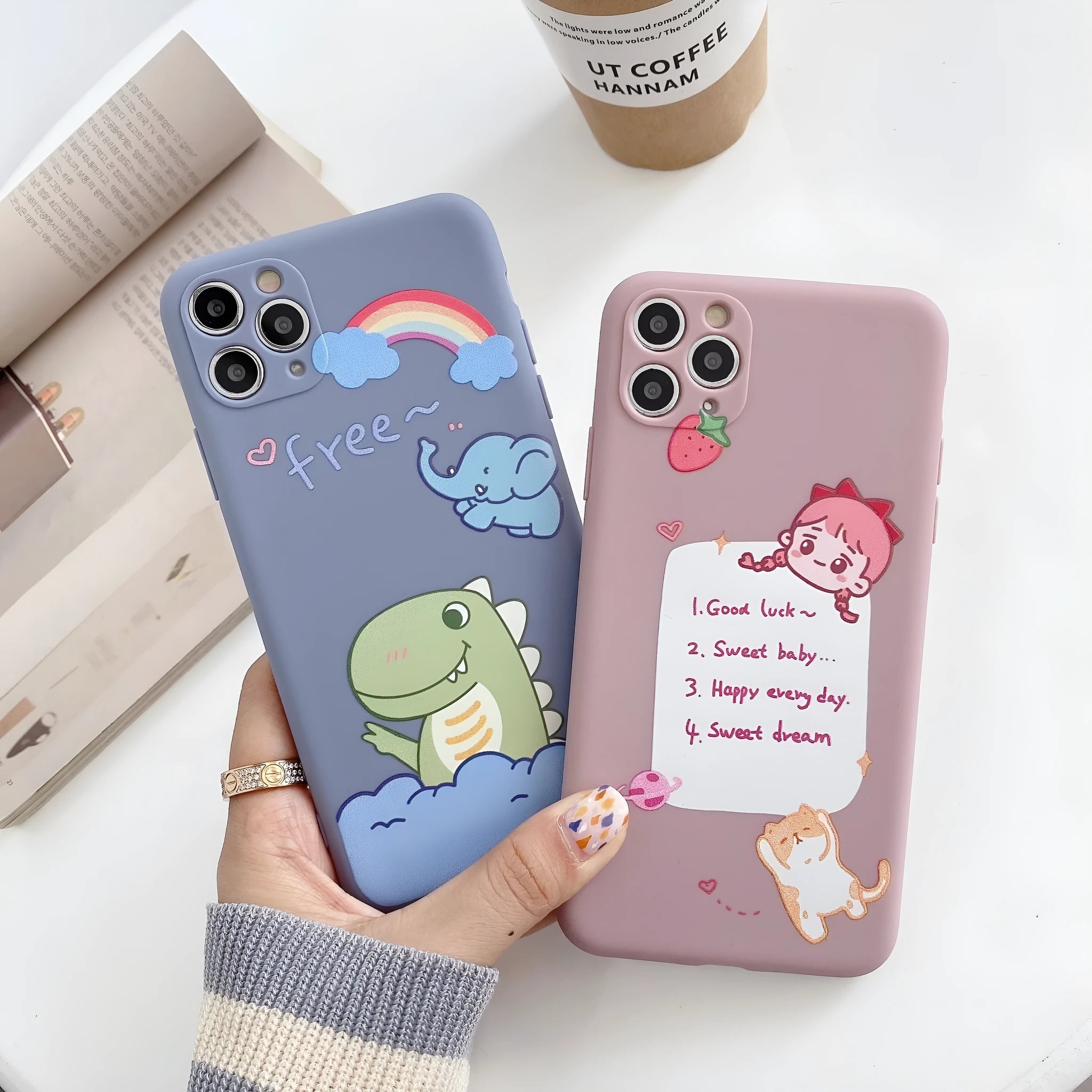 Blue cartoon dinosaur design TPU iPhone case showing frosted finish and precise cutouts