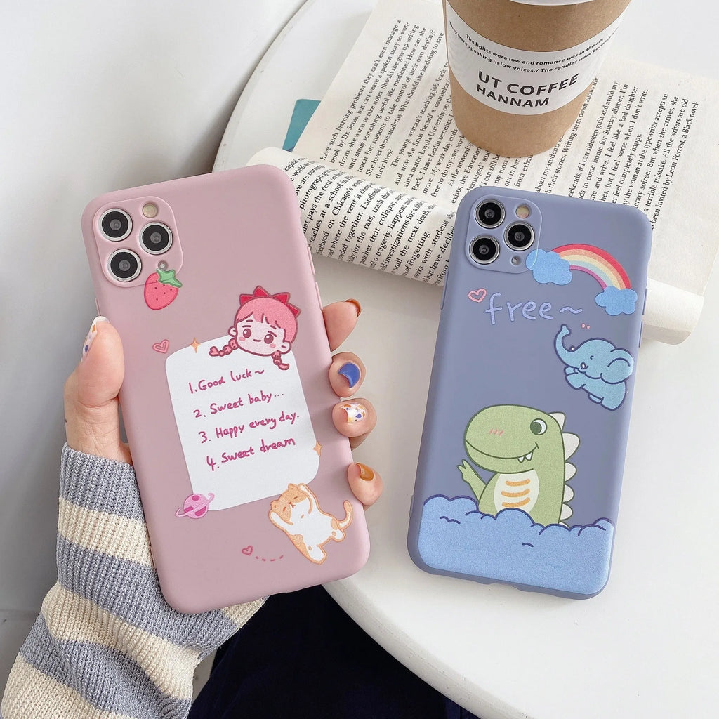 Blue cartoon dinosaur design TPU iPhone case showing frosted finish and precise cutouts