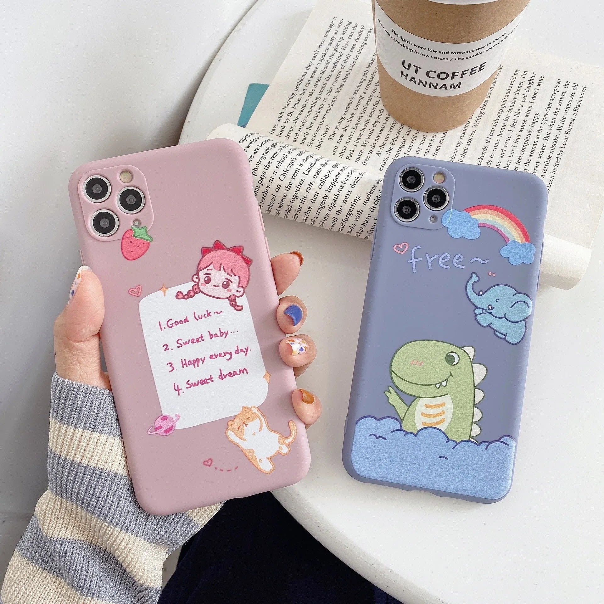 Blue cartoon dinosaur design TPU iPhone case showing frosted finish and precise cutouts