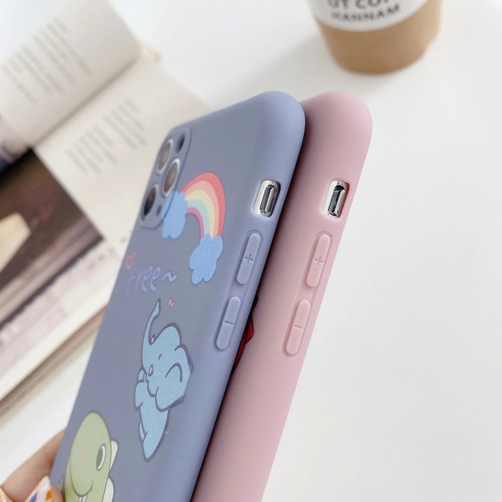 Blue cartoon dinosaur design TPU iPhone case showing frosted finish and precise cutouts