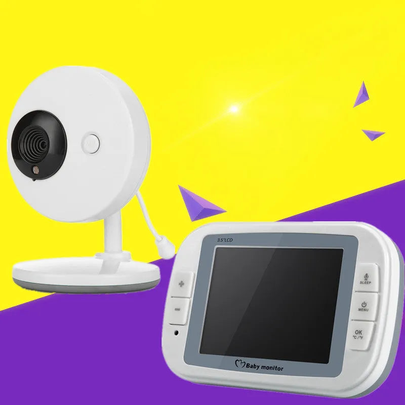White 3.5 inch digital wireless baby monitor with UFO-style camera showing night vision and temperature display