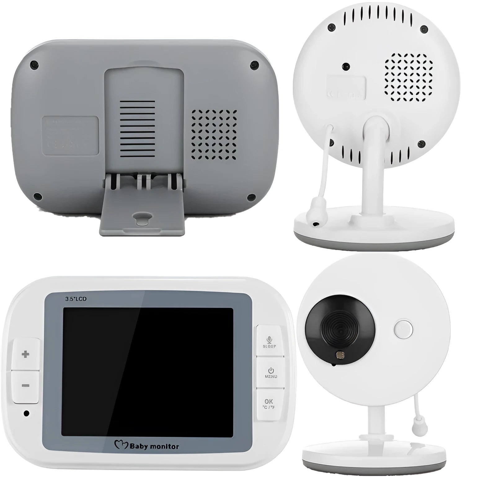 White 3.5 inch digital wireless baby monitor with UFO-style camera showing night vision and temperature display