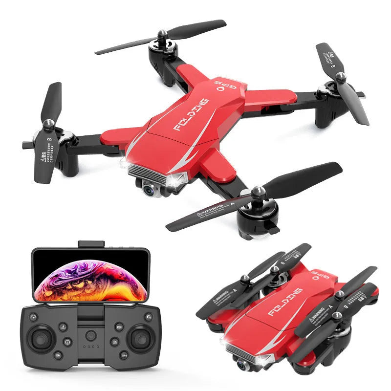 Black folding quadcopter drone with 4K camera and remote control handle for children