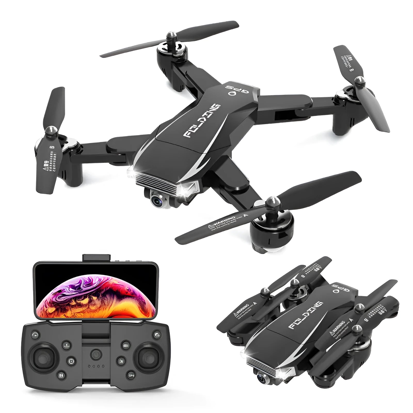 Black folding quadcopter drone with 4K camera and remote control handle for children