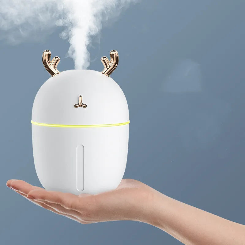 USB mini humidifier cute pet style 84x84x127mm in blue on a desk with USB cable