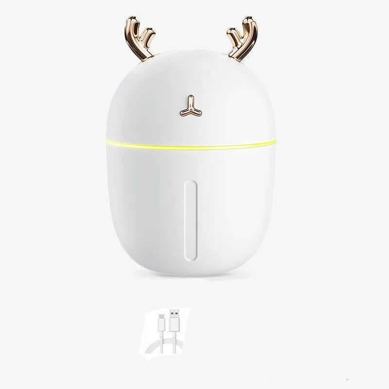 USB mini humidifier cute pet style 84x84x127mm in blue on a desk with USB cable