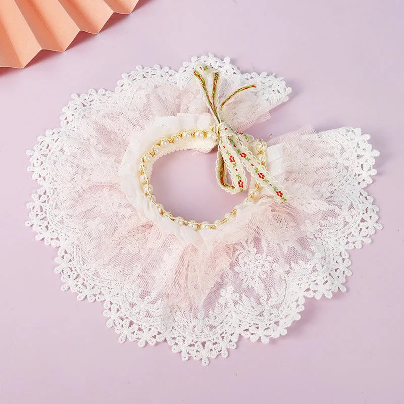 Pink lace gauze cat collar scarf with embroidered princess-style bib on small cat