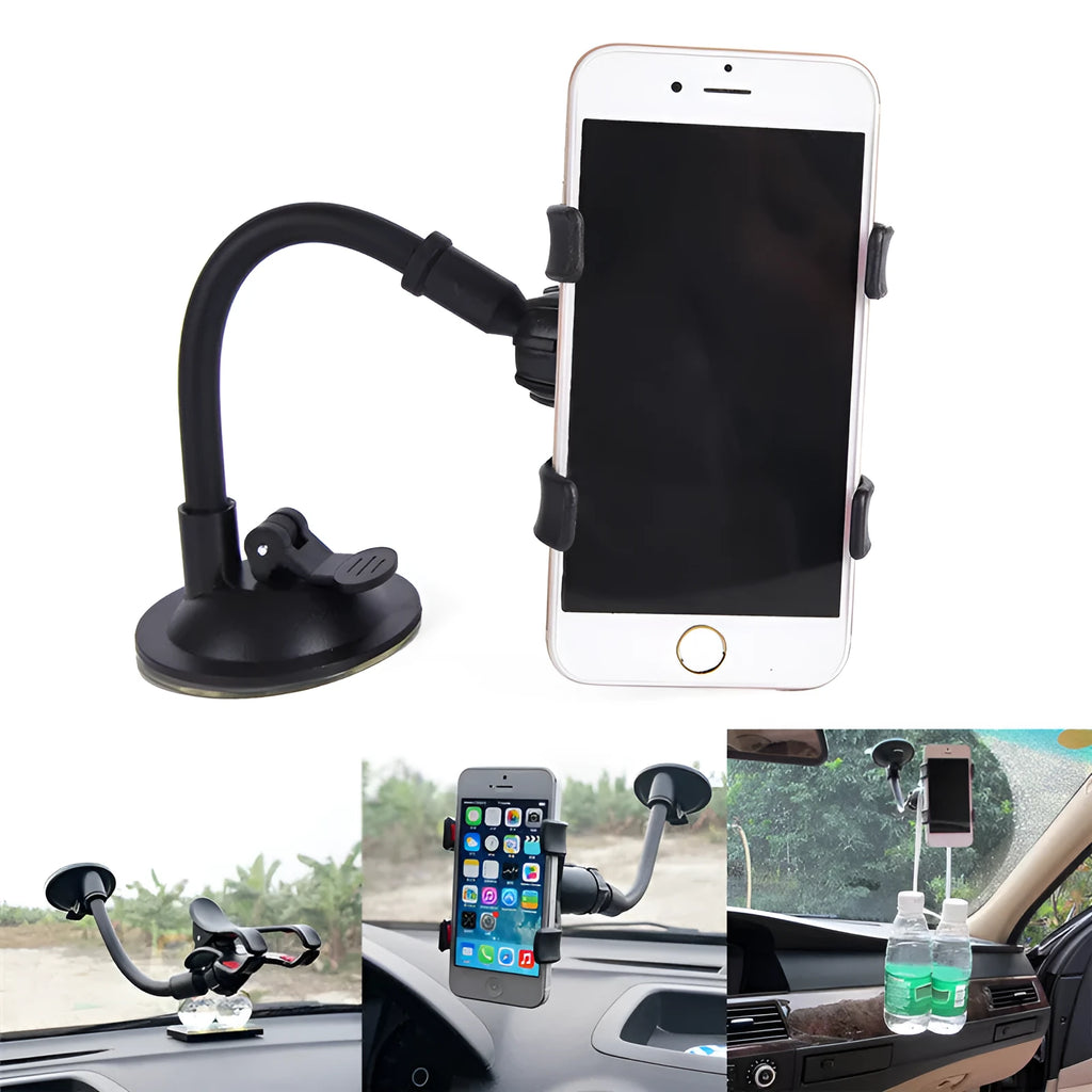 Black car phone holder with suction cup attached to windshield showing 360-degree rotation and device clamp