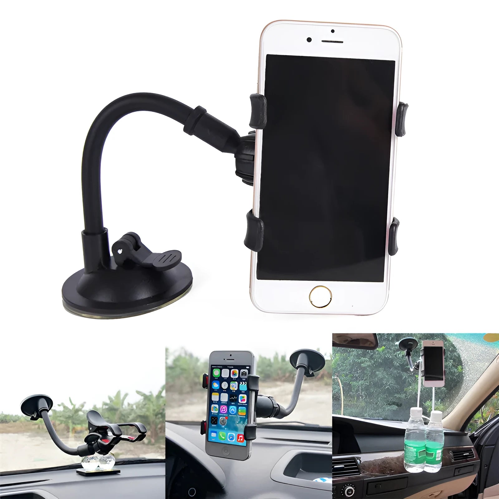 Black car phone holder with suction cup attached to windshield showing 360-degree rotation and device clamp