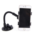 Black car phone holder with suction cup attached to windshield showing 360-degree rotation and device clamp