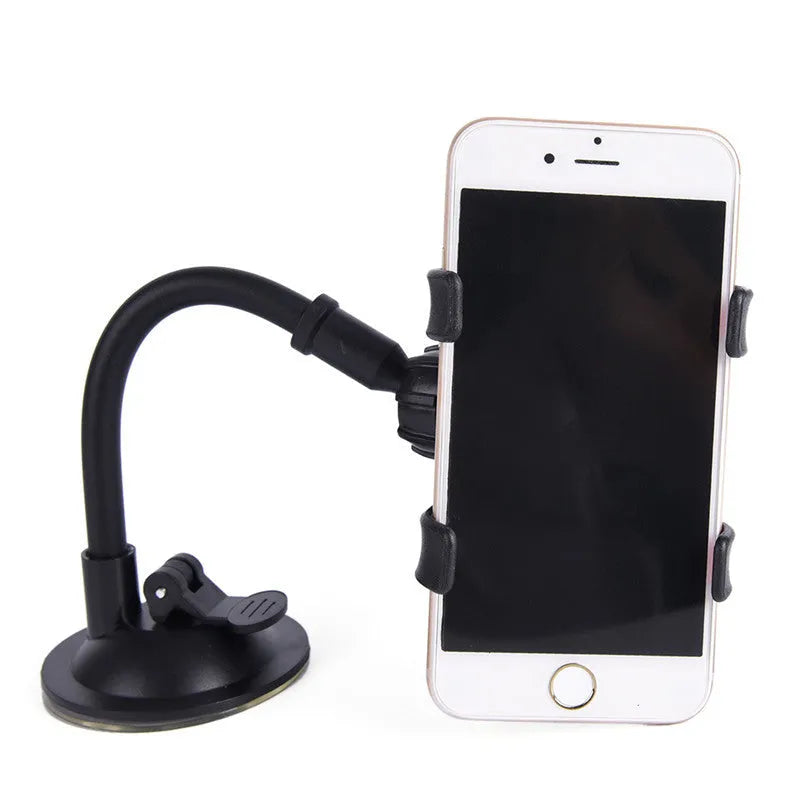 Black car phone holder with suction cup attached to windshield showing 360-degree rotation and device clamp