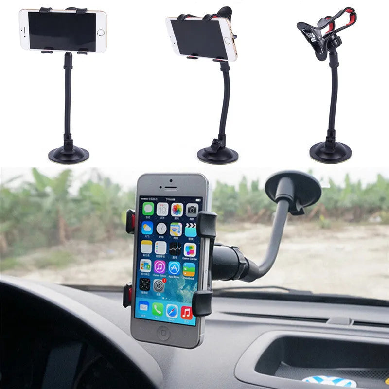 Black car phone holder with suction cup attached to windshield showing 360-degree rotation and device clamp