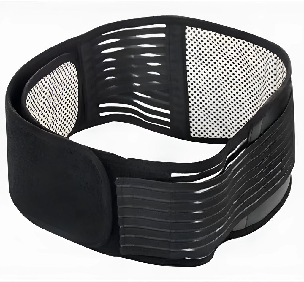 Black self-heating magnetic waist support belt laid flat, showing elastic cloth material and adjustable fit.