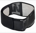 Black self-heating magnetic waist support belt laid flat, showing elastic cloth material and adjustable fit.