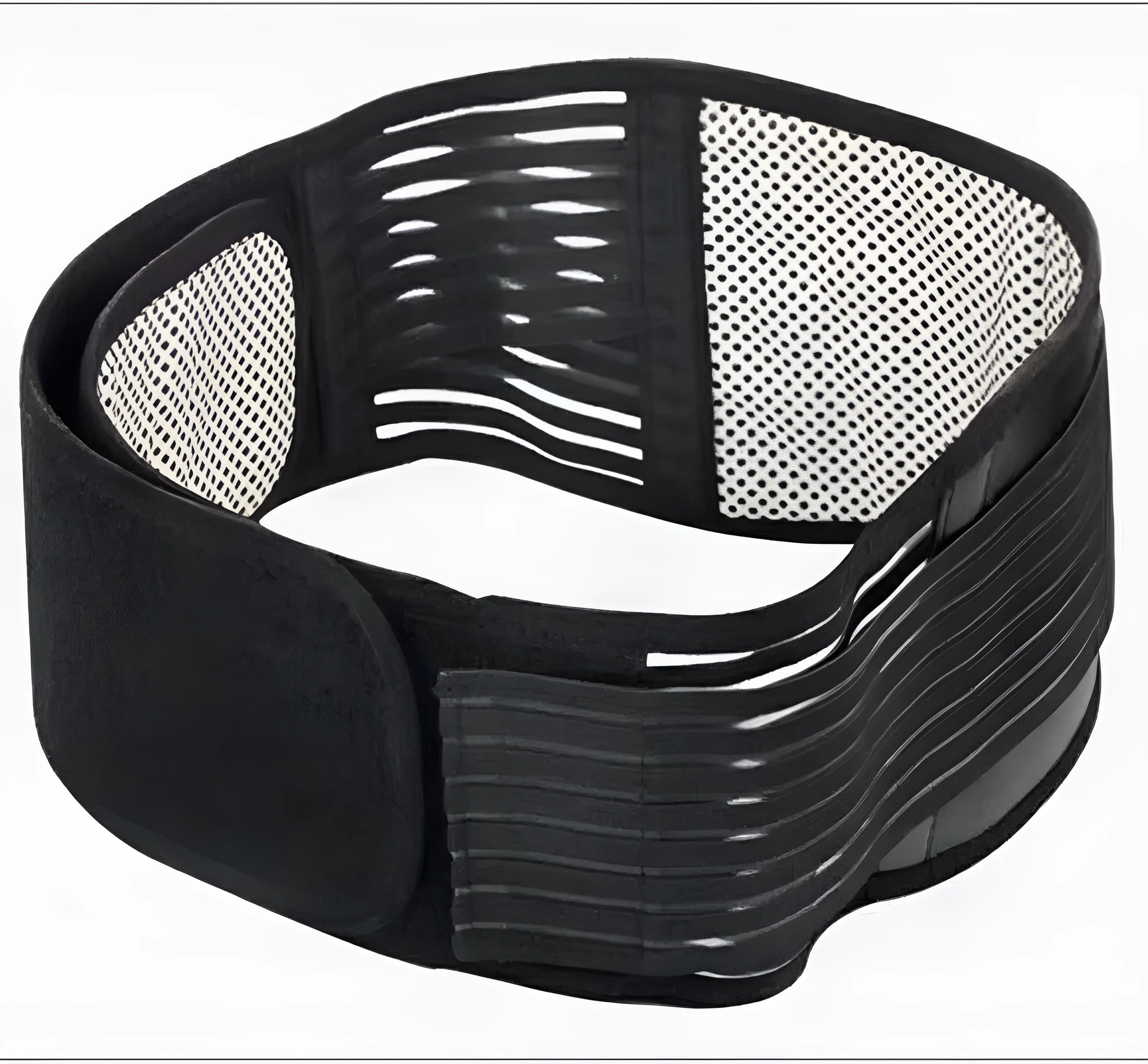 Black self-heating magnetic waist support belt laid flat, showing elastic cloth material and adjustable fit.