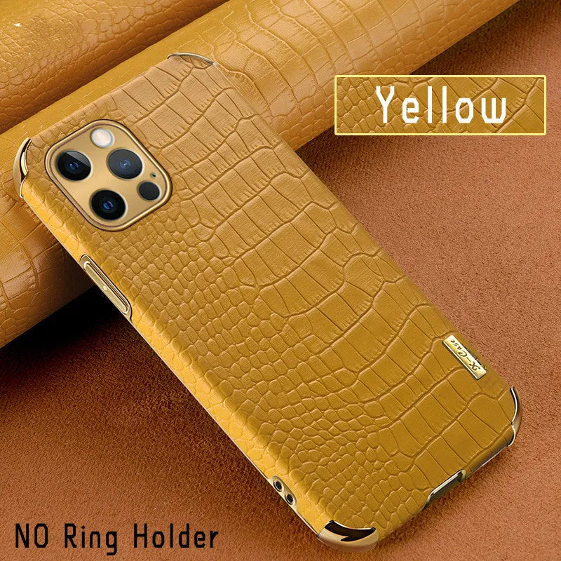 Crocodile texture imitation leather iPhone back case in black, green, red, yellow, and white colours.