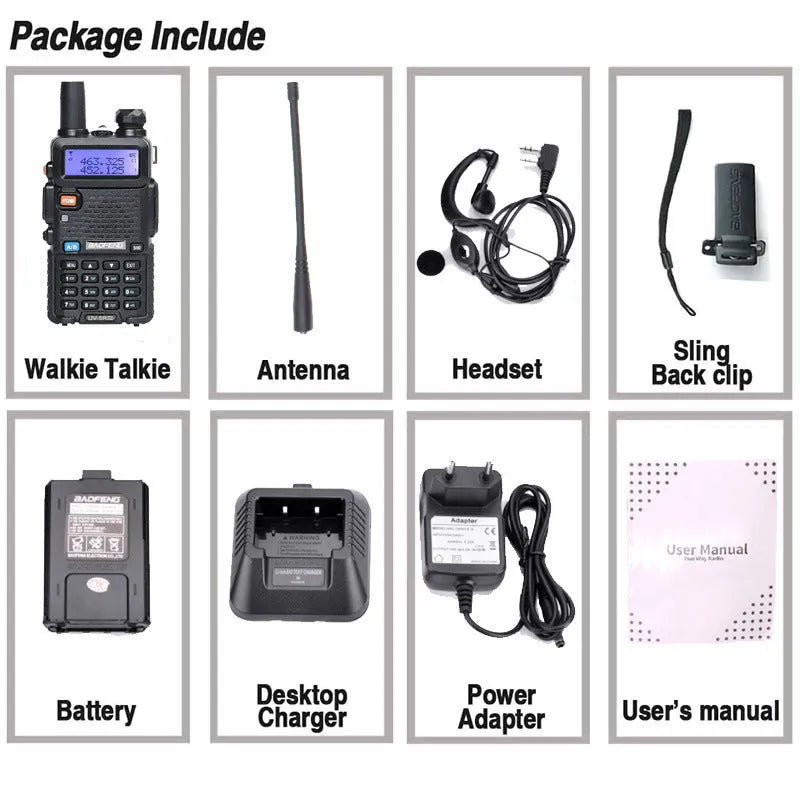 Baofeng UV-5R three segment walkie talkie black with dual antenna, 5W, 128 channels, VHF UHF frequencies