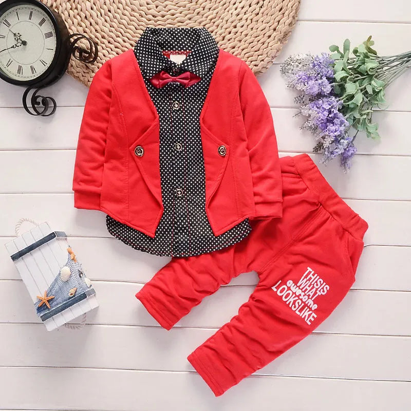 Toddler boy's casual suit set with printed jacket and matching trousers in grey, navy blue, or red