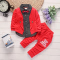 Toddler boy's casual suit set with printed jacket and matching trousers in grey, navy blue, or red