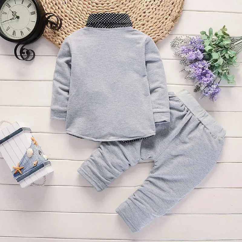 Toddler boy's casual suit set with printed jacket and matching trousers in grey, navy blue, or red