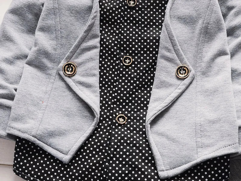 Toddler boy's casual suit set with printed jacket and matching trousers in grey, navy blue, or red