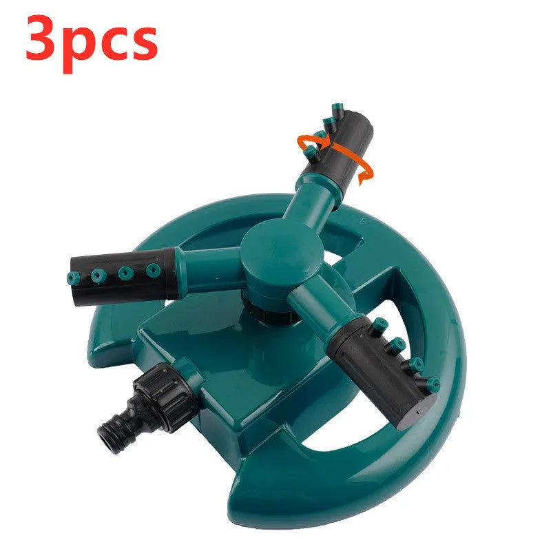 360 Rotating Sprinkler with Big 3 fork design on garden lawn, 210mm x 190mm x 95mm