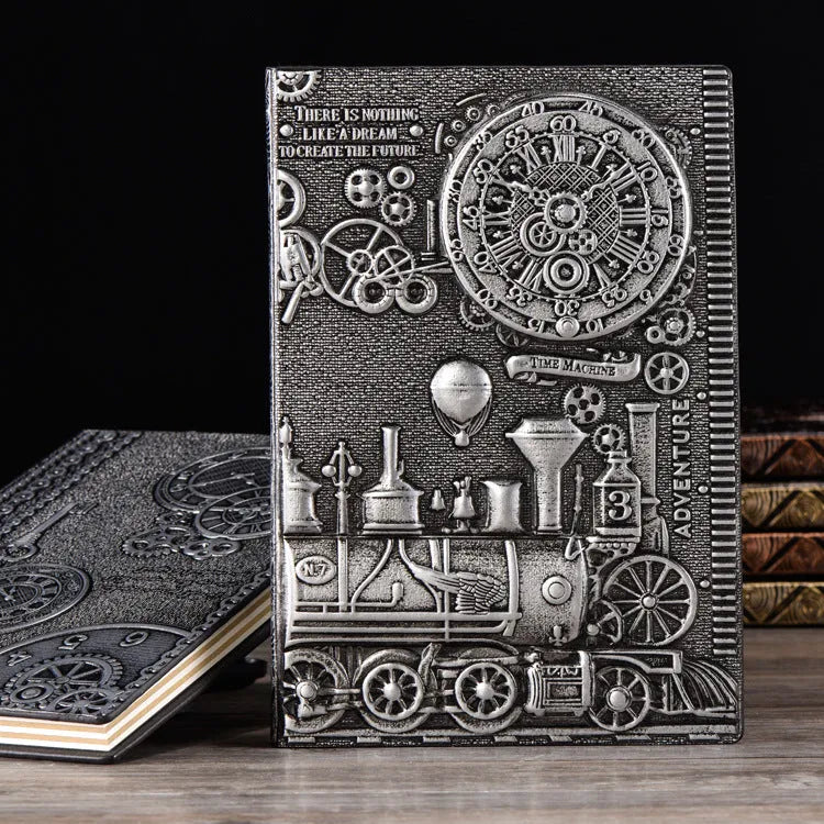 A5 sized retro notebook with an embossed leather cover in green bronze, red bronze, and silver colour options.