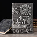 A5 sized retro notebook with an embossed leather cover in green bronze, red bronze, and silver colour options.