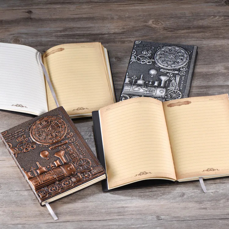 A5 sized retro notebook with an embossed leather cover in green bronze, red bronze, and silver colour options.