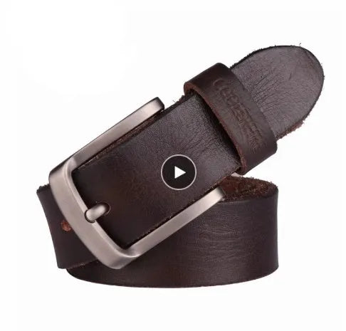 Men's cowhide leather belt with rectangular alloy pin buckle, black, rivet detail