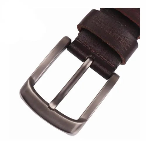 Men's cowhide leather belt with rectangular alloy pin buckle, black, rivet detail