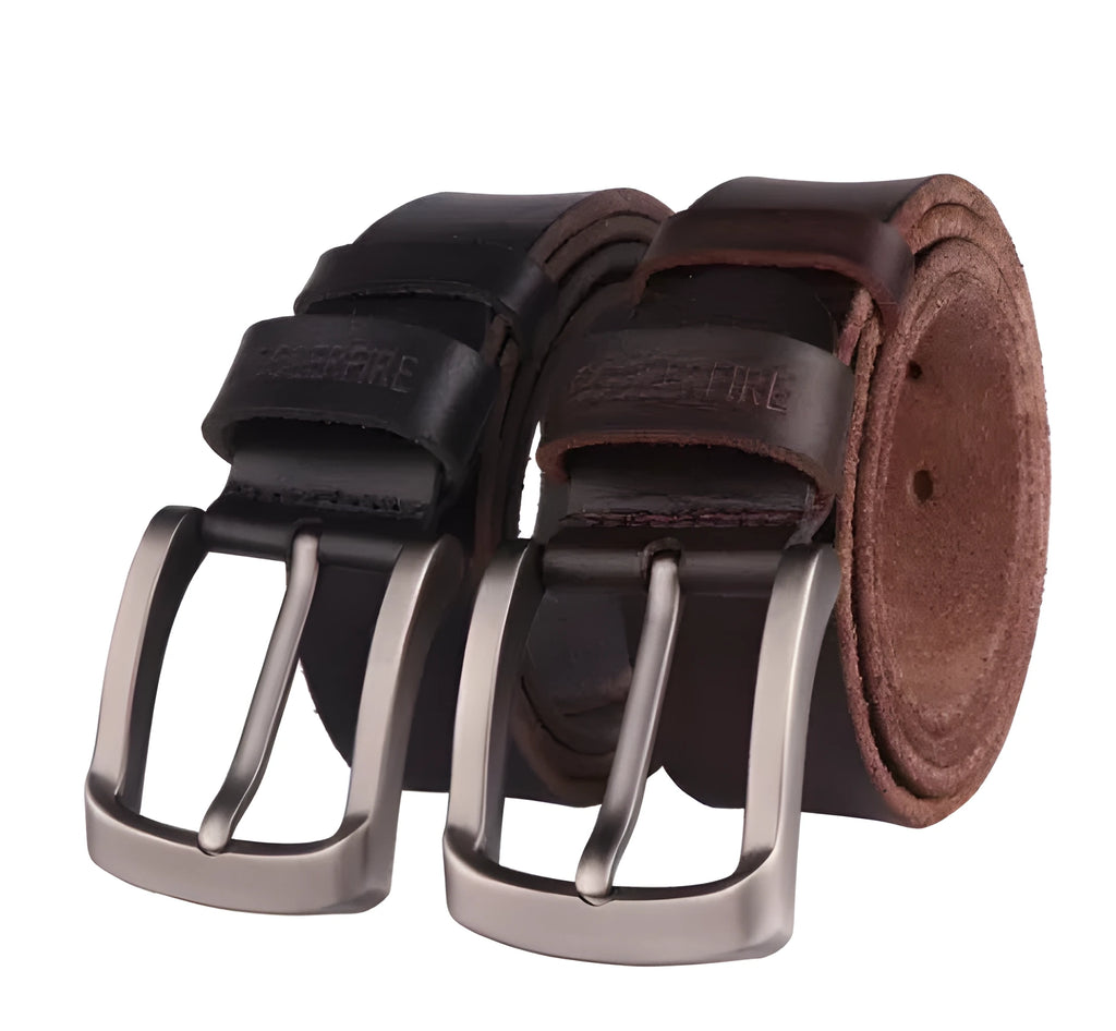 Men's cowhide leather belt with rectangular alloy pin buckle, black, rivet detail