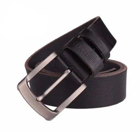 Men's cowhide leather belt with rectangular alloy pin buckle, black, rivet detail