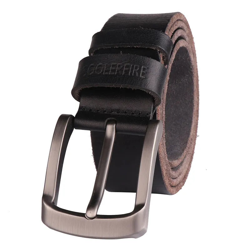 Men's cowhide leather belt with rectangular alloy pin buckle, black, rivet detail