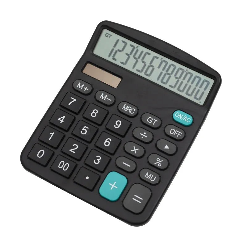 Black desktop calculator with large twelve-digit LCD screen and solar panel, dimensions 14.8 x 11.9 cm