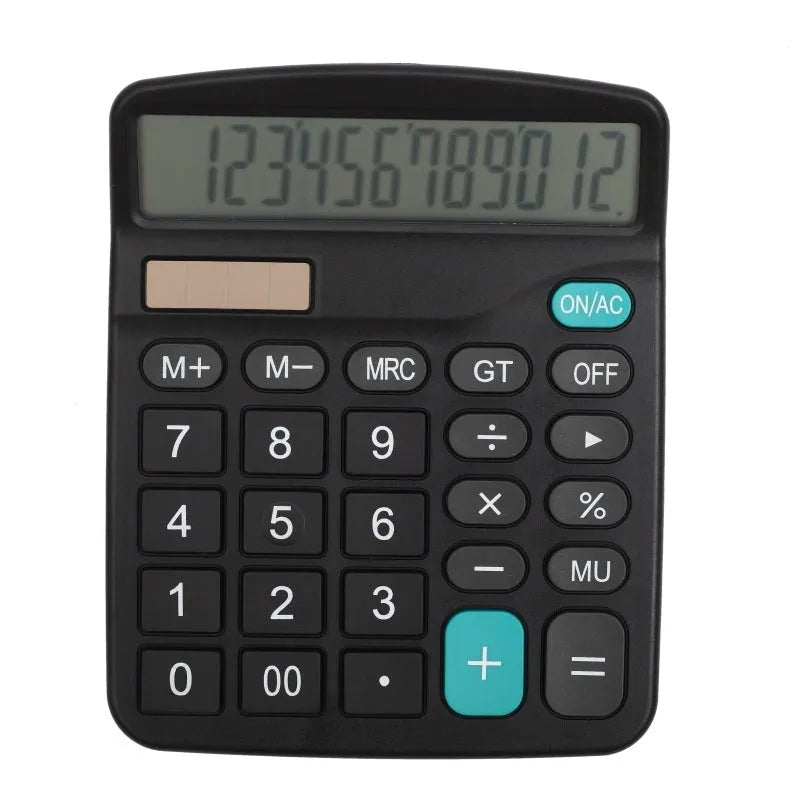 Black desktop calculator with large twelve-digit LCD screen and solar panel, dimensions 14.8 x 11.9 cm