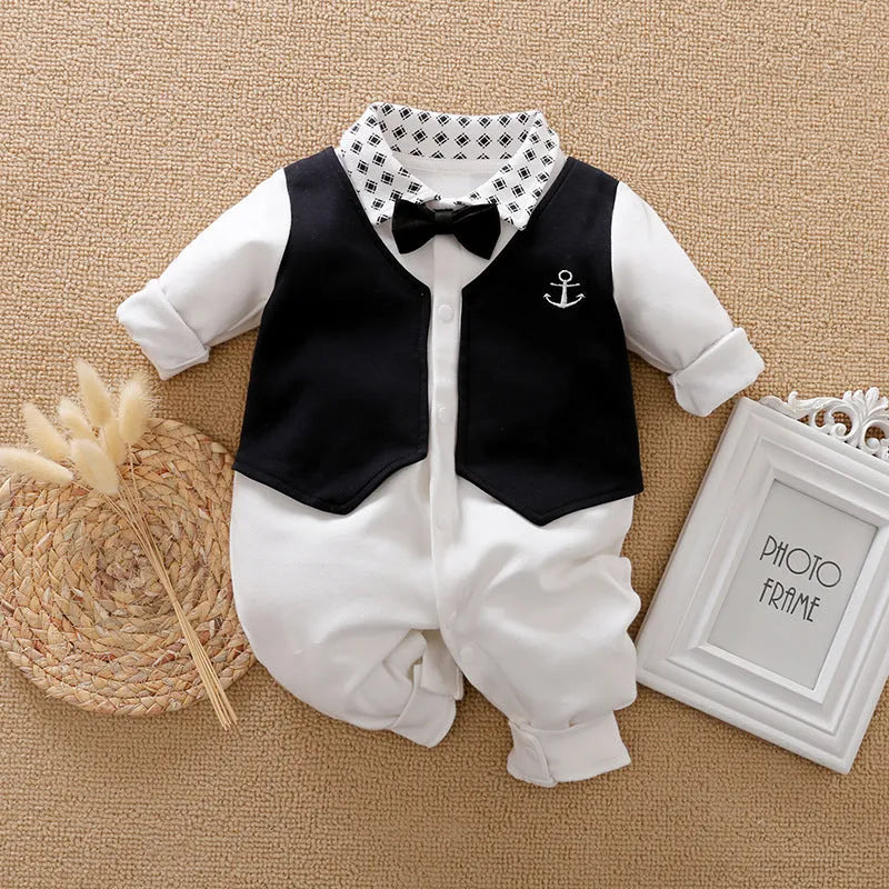 Baby wearing long-sleeved cotton jumpsuit in gentleman style for spring or autumn