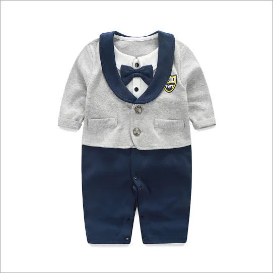 Baby wearing long-sleeved cotton jumpsuit in gentleman style for spring or autumn