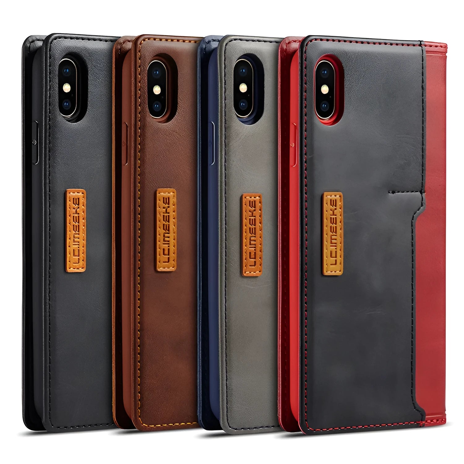 Retro brown leather flip wallet case open, showing card slots and an iPhone.