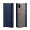 Retro brown leather flip wallet case open, showing card slots and an iPhone.