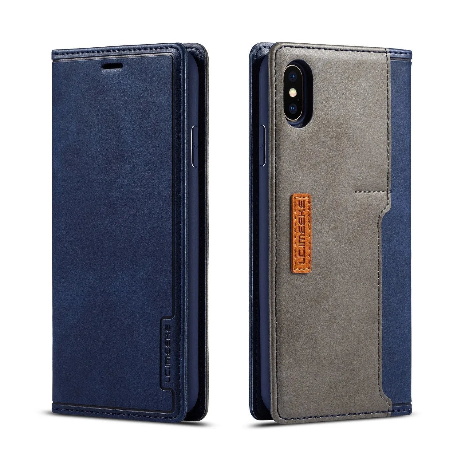 Retro brown leather flip wallet case open, showing card slots and an iPhone.