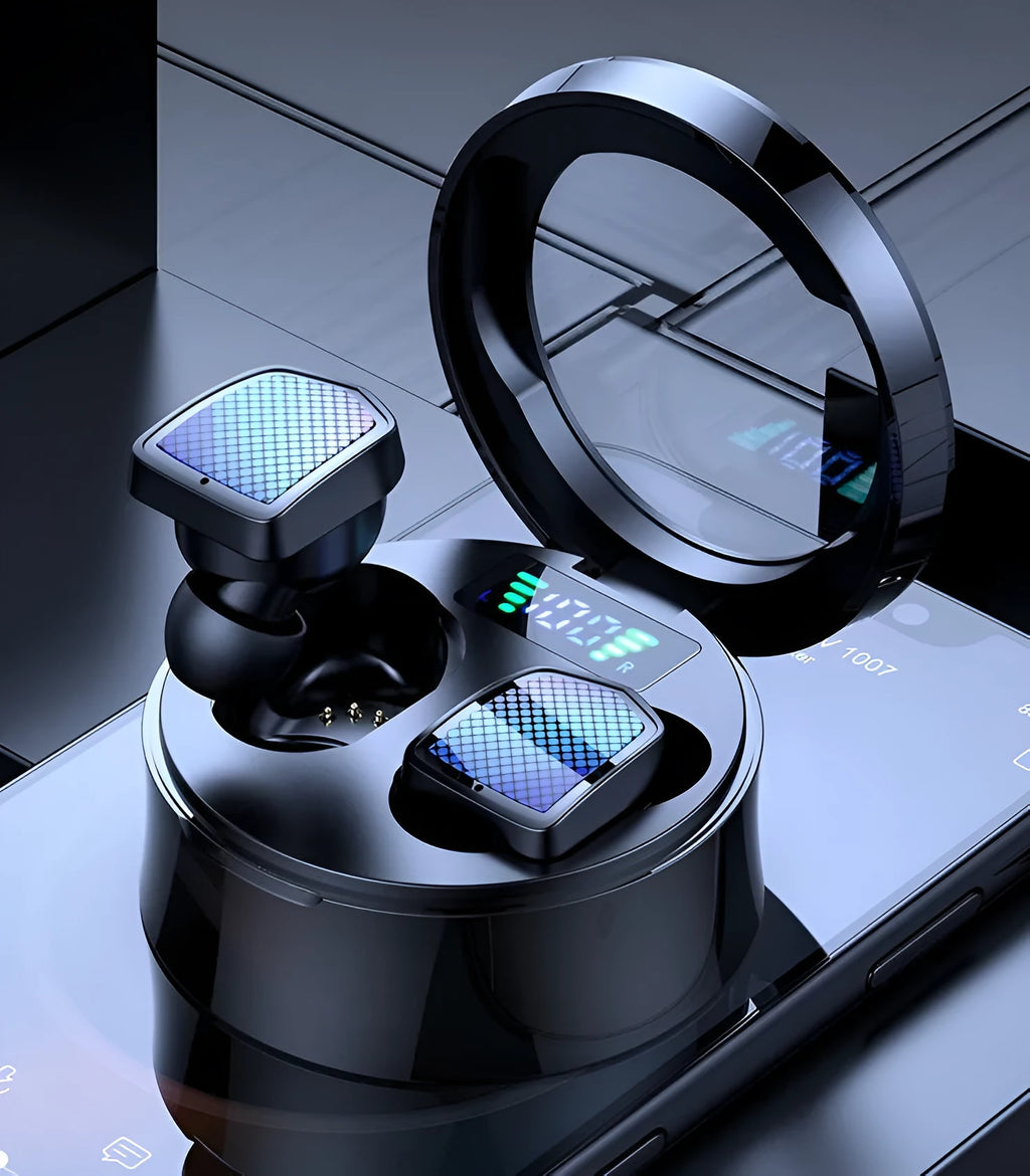 Black true wireless Bluetooth sports earbuds sitting in their white charging case with silicone ear tips.