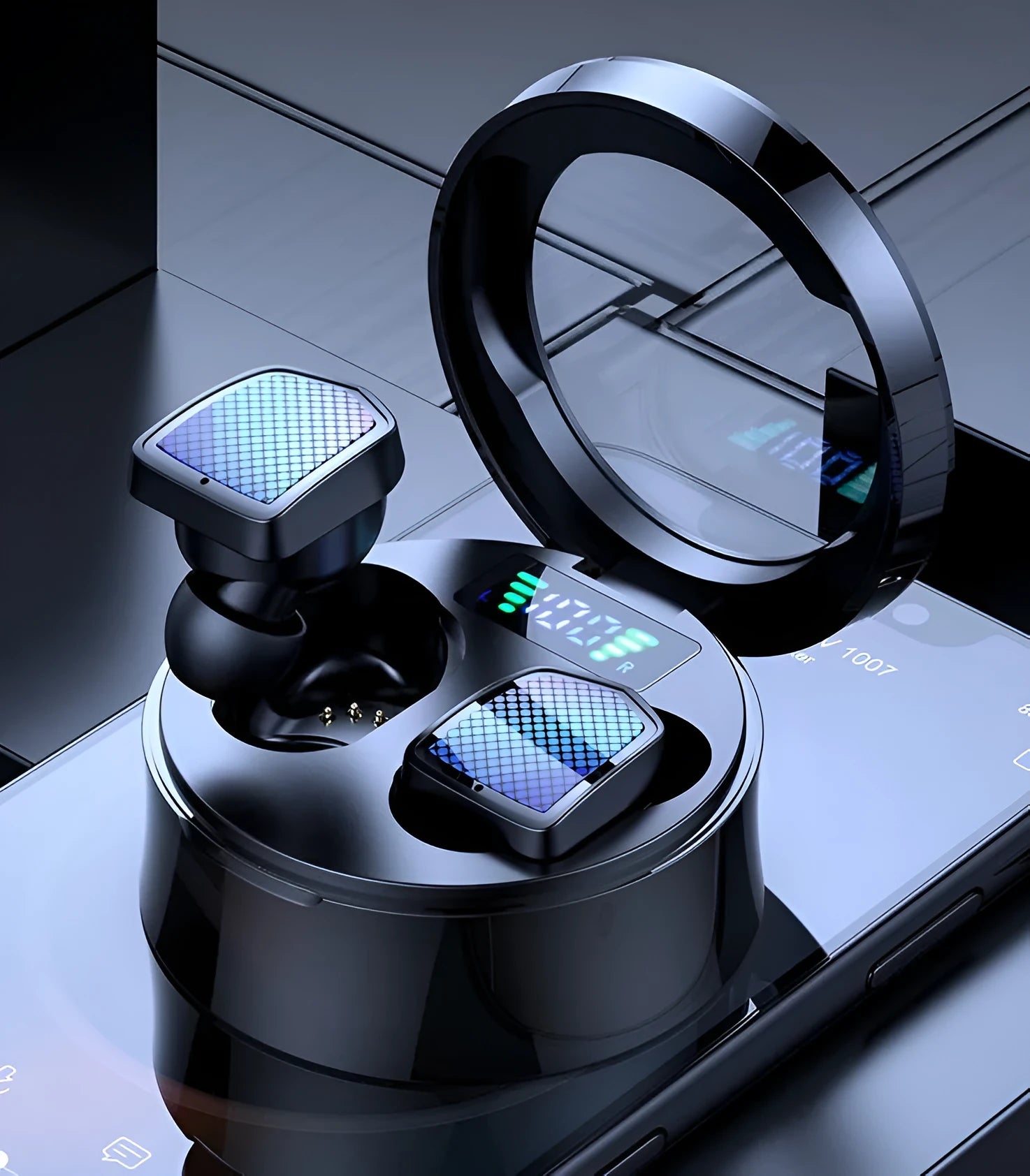 Black true wireless Bluetooth sports earbuds sitting in their white charging case with silicone ear tips.