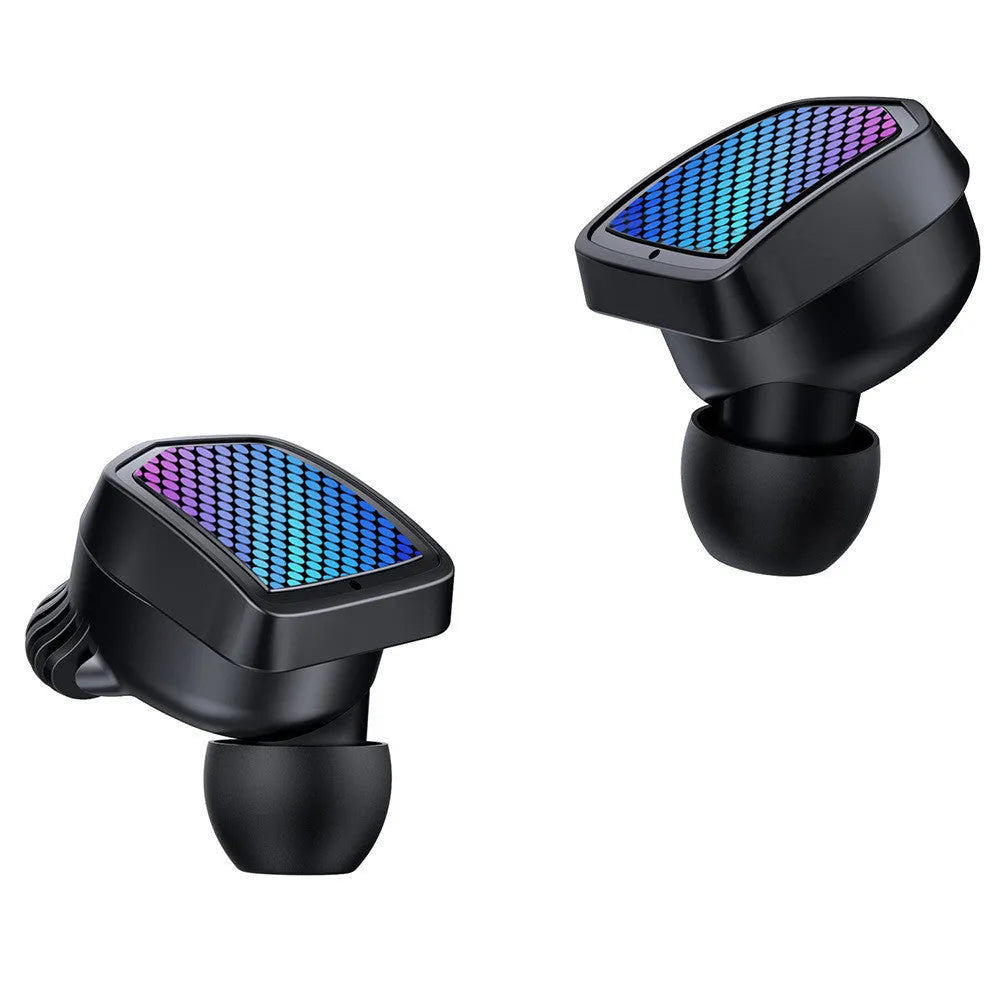 Black true wireless Bluetooth sports earbuds sitting in their white charging case with silicone ear tips.