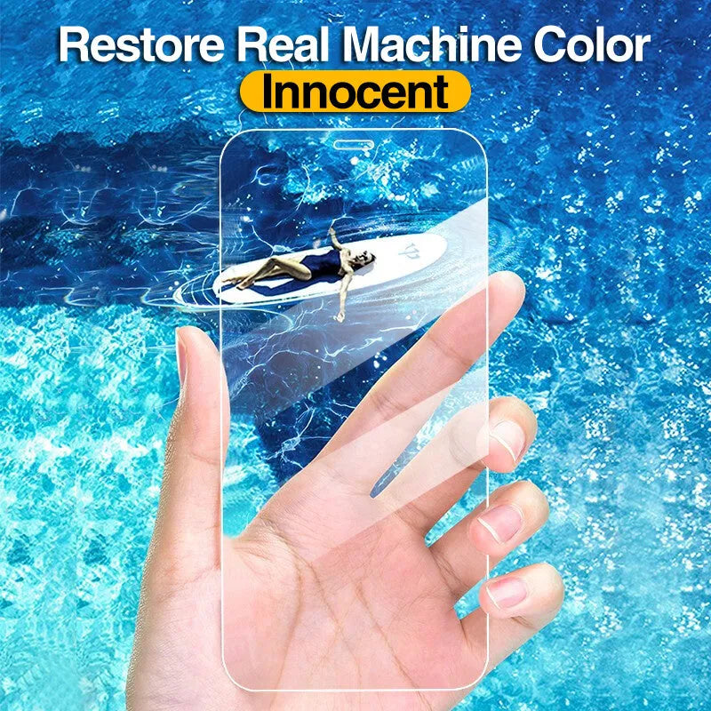Four transparent tempered glass screen protectors for Apple iPhone models on a white background.