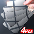 Four transparent tempered glass screen protectors for Apple iPhone models on a white background.